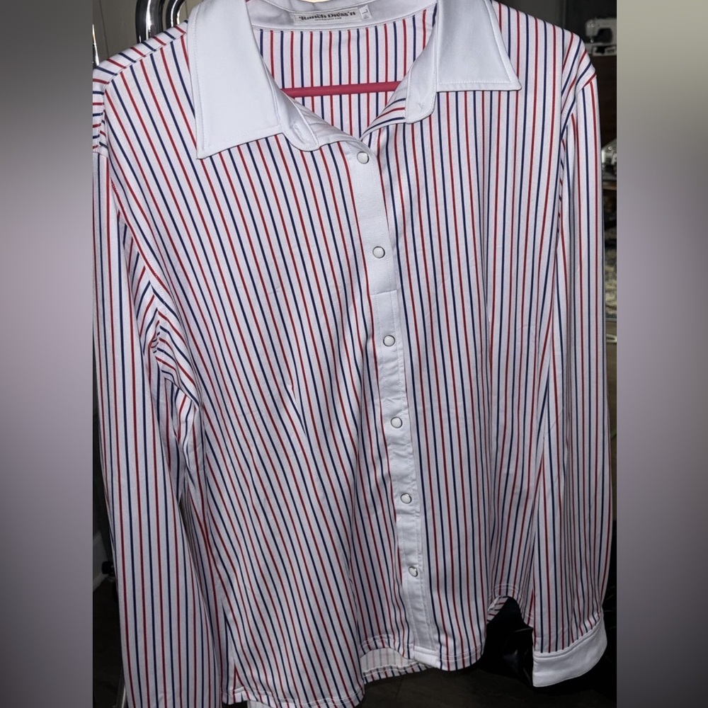 Ranch dress’n red white and blue pin stripe rodeo shirt